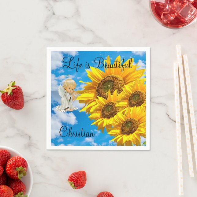 Sunflower Baby Angel Floral Paper Napkins (Insitu)