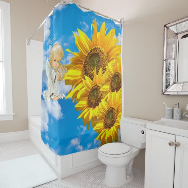 Sunflower Baby Angel Floral  Shower Curtain (In Situ)