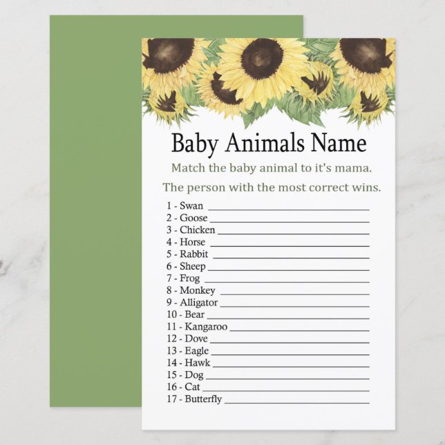 Sunflower Baby Animals Name Game (Front/Back)