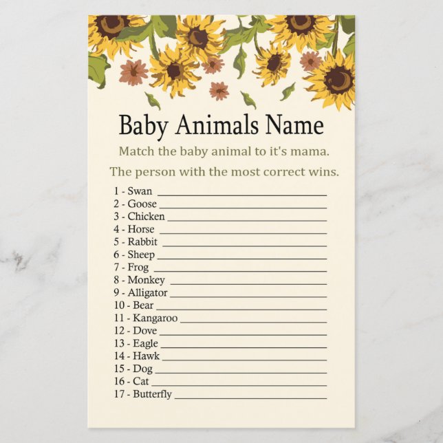 Sunflower Baby Animals Name Game (Front)