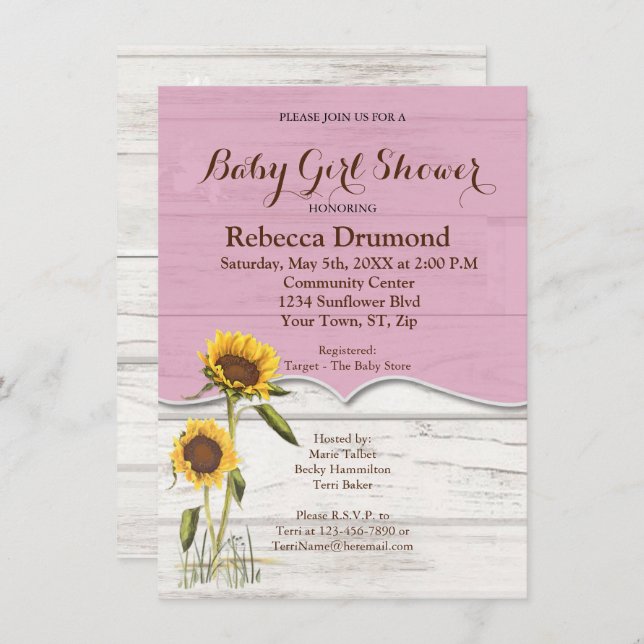 Sunflower Baby Girl Shower Whitewashed Barn Wood Enclosure Card (Front/Back)