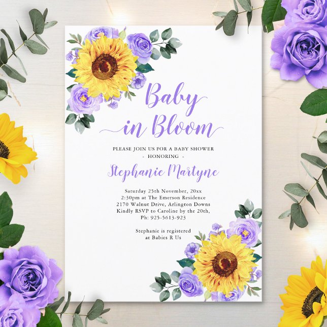 Sunflower Baby In Bloom Purple Floral Baby Shower Invitation (Creator Uploaded)
