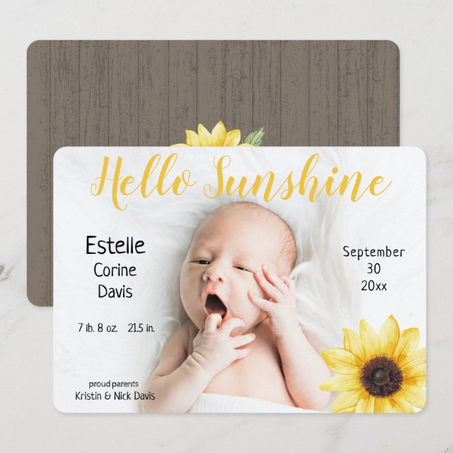 Sunflower Baby Rustic Photo Birth Announcement (Front/Back)