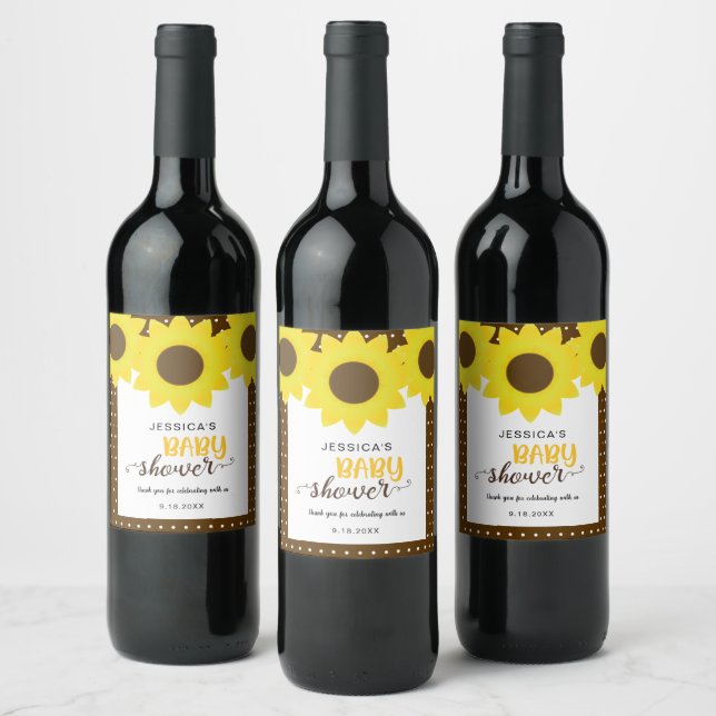 sunflower baby shower cute polka dots flower wine label (Bottles)