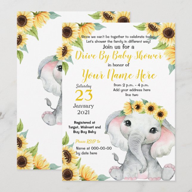 Sunflower Baby Shower Elephant Yelow Girl Card (Front/Back)
