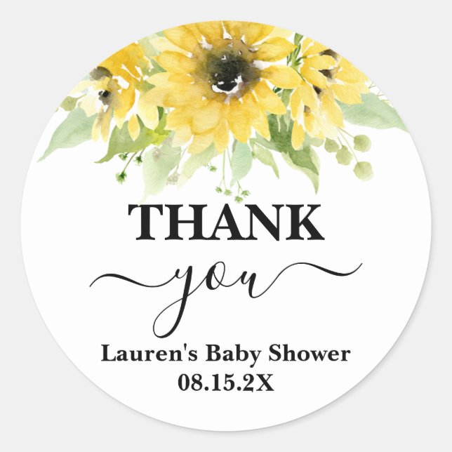 Sunflower Baby Shower Girl Classic Round Sticker (Front)