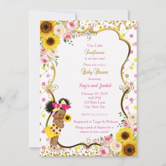 Sunflower baby shower invitation, pink and yellow invitation (Front)