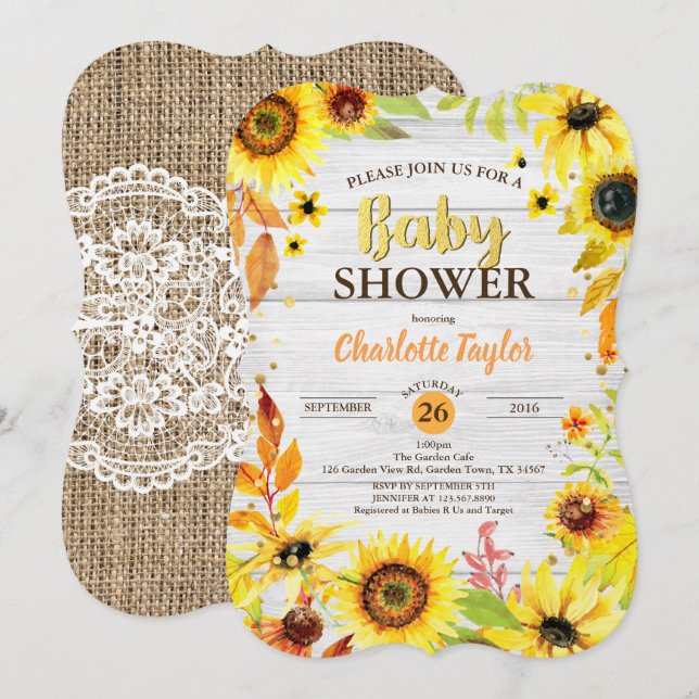 Sunflower baby shower invitation rustic wood (Front/Back)