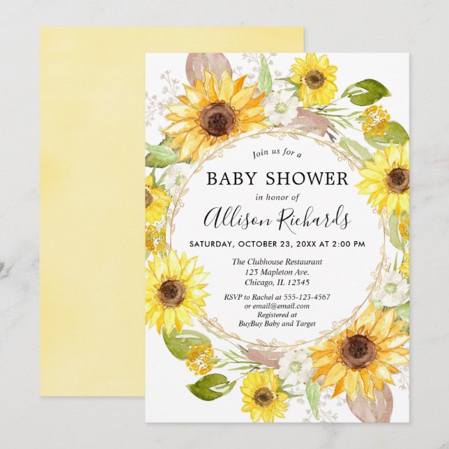 Sunflower baby shower invitations watercolor (Front/Back)
