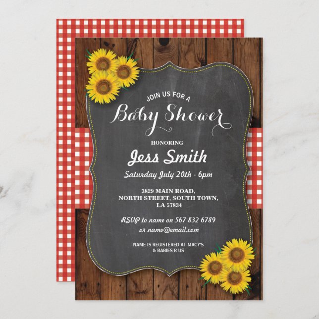 Sunflower Baby Shower Invite Rustic Chalk & Wood (Front/Back)