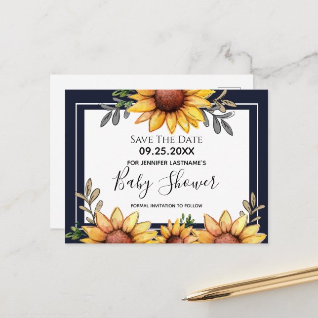Sunflower Baby Shower Save the Date Invitation Postcard (Front/Back In Situ)