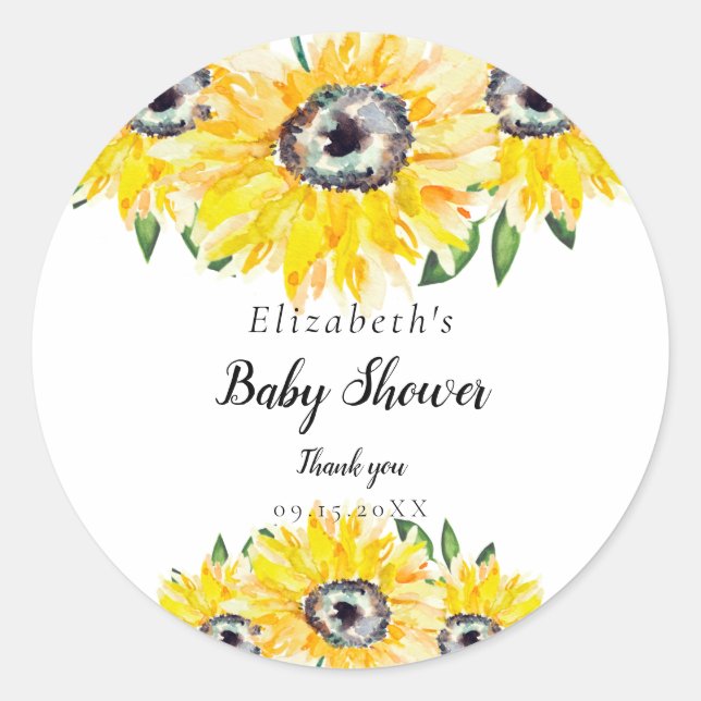 Sunflower Baby Shower Script Modern Floral Chic Classic Round Sticker (Front)