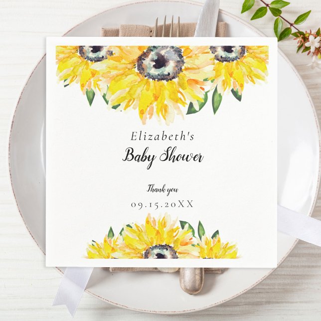 Sunflower Baby Shower Script Watercolor Elegant  Napkin (Creator Uploaded)