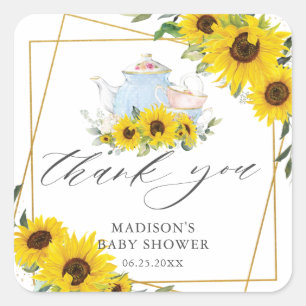 Sunflower Baby Shower Tea Party Thank You Favour Square Sticker
