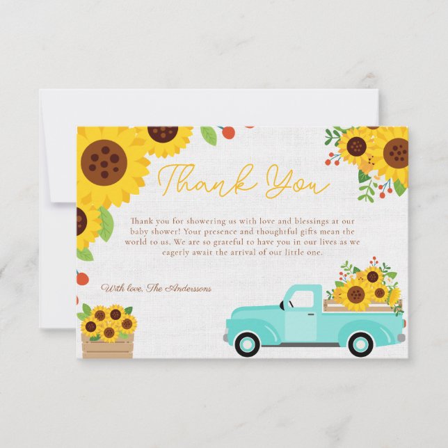 Sunflower Baby Shower Truck Fall  Thank You Card (Front)