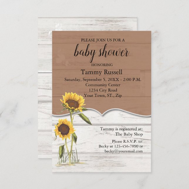 Sunflower Baby Shower Whitewashed Barn Wood RSVP Card (Front/Back)