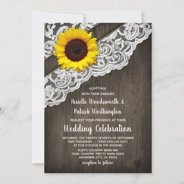 Sunflower Barn Wood and Lace Wedding Invitations (Front)