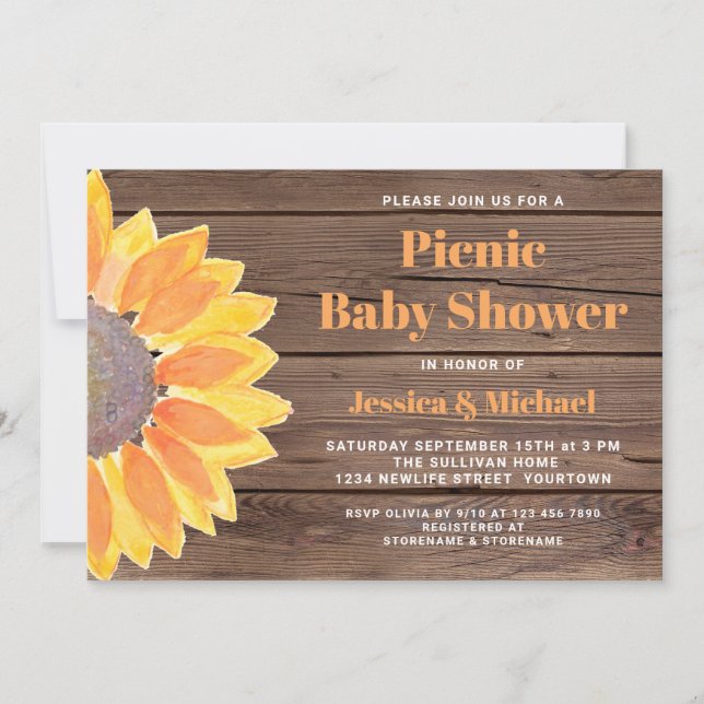Sunflower Barn Wood Couples Picnic Baby Shower Invitation (Front)