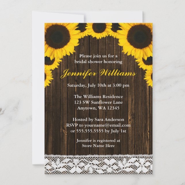 Sunflower Barn Wood Lace Bridal Shower Invitation (Front)