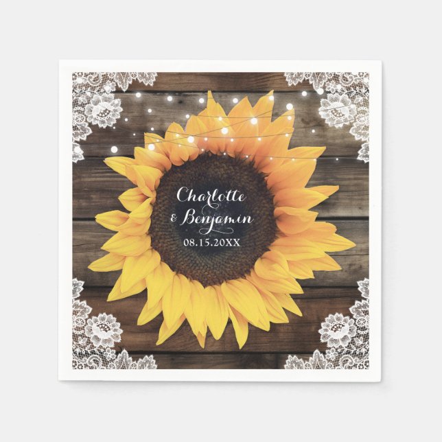 Sunflower Barn Wood Lace String Lights Wedding Napkin (Front)