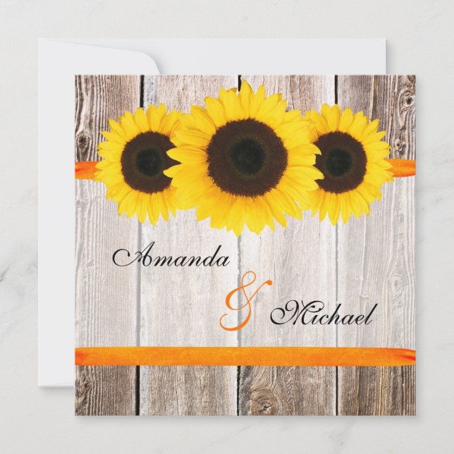 Sunflower Barn Wood Orange Ribbon Wedding Invitation (Front)