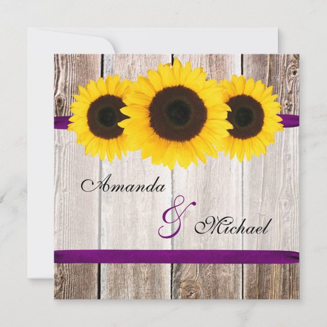 Sunflower Barn Wood Purple Ribbon Wedding Invitation (Front)