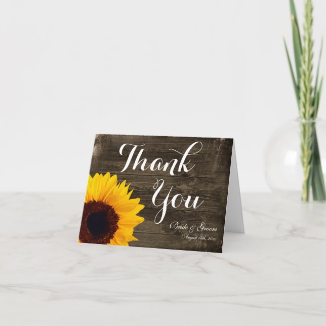Sunflower Barn Wood Wedding Thank You Cards (Front)