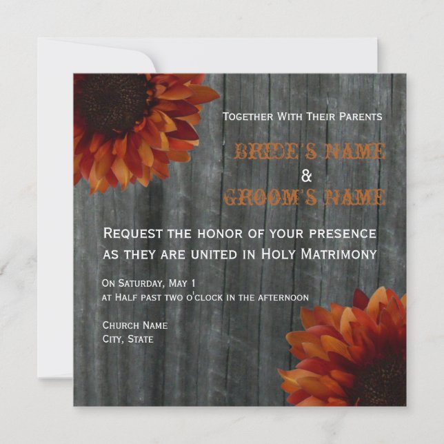 Sunflower & Barnwood Fall Wedding Invitation (Front)