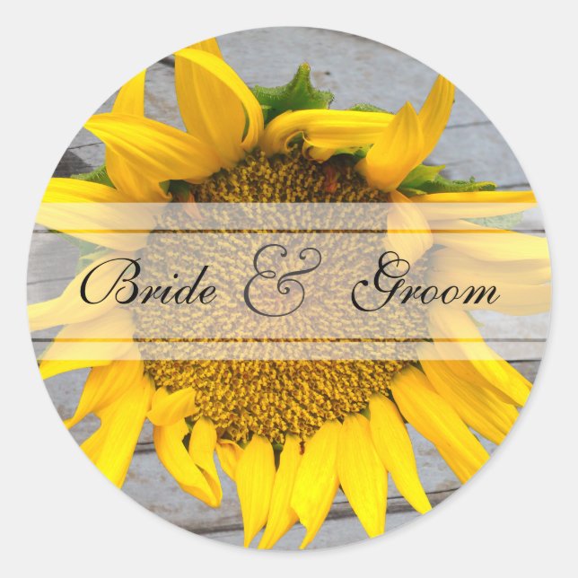 Sunflower Barnwood wedding Classic Round Sticker (Front)