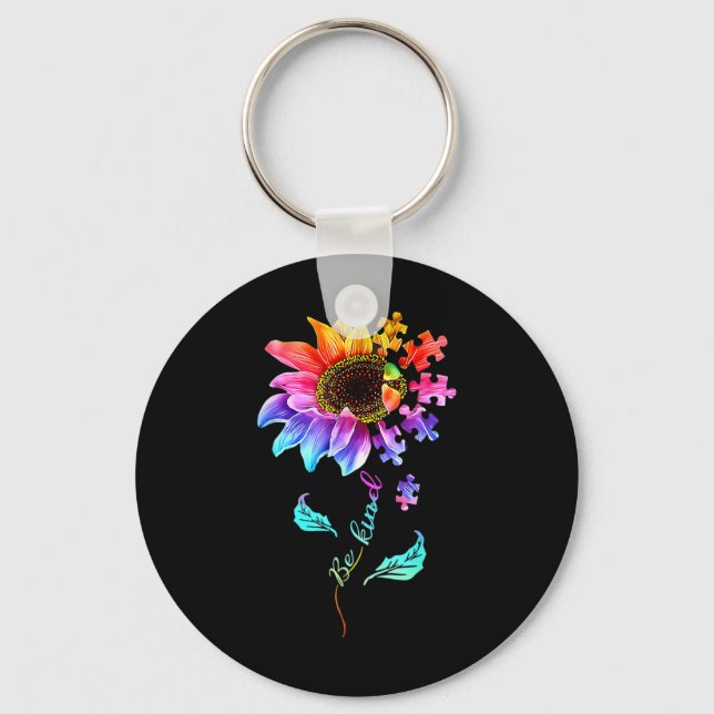 Sunflower Be Kind Puzzle Piece Autism Awareness Mo Key Ring (Front)