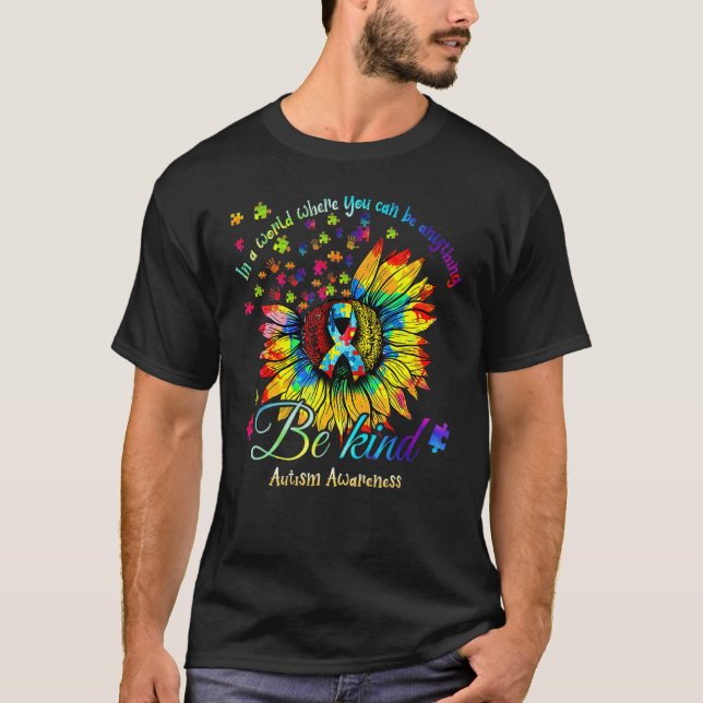 Sunflower Be Kind Puzzle Support Autism Awareness  T-Shirt (Front)