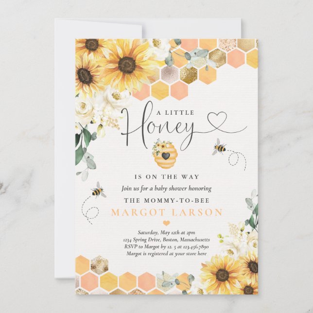 Sunflower Bee Baby Shower Little Honey On The Way Invitation (Front)