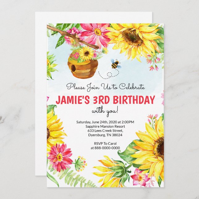 Sunflower Bee Birthday Honey Bee Birthday Invitation (Front/Back)