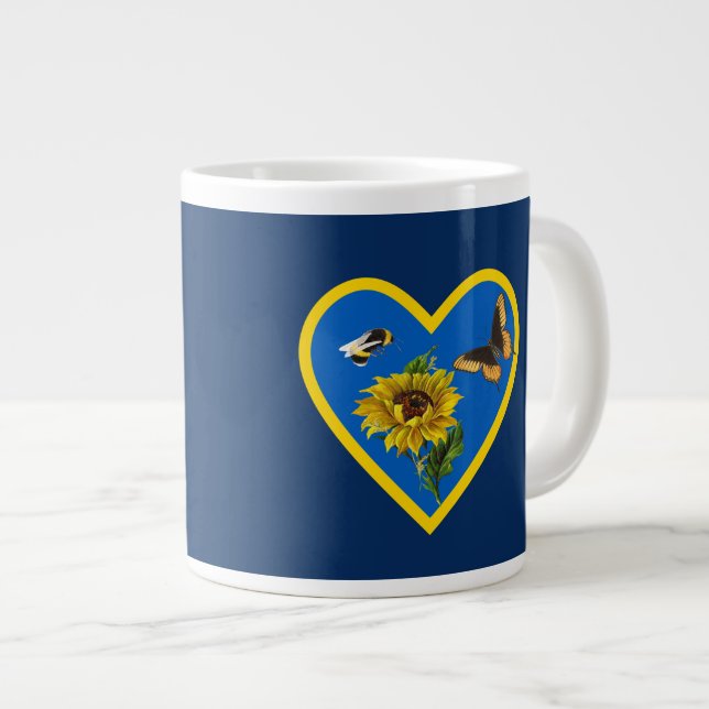 Sunflower Bee Butterfly Blue Yellow Heart on Navy Large Coffee Mug (Front Right)
