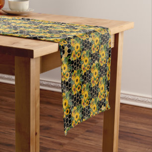Sunflower Bee Hive Honeycomb Golden Short Table Runner