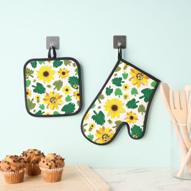 Sunflower Bee Oven Mitt & Pot Holder Set (Insitu(Hanging))