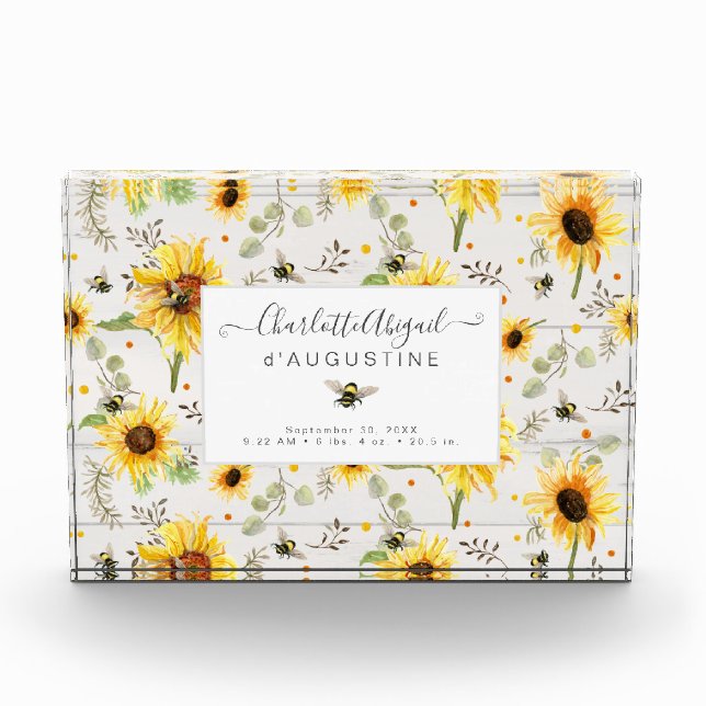 Sunflower Bee Rustic Wood Yellow Birth Stats Baby Photo Block (Front)