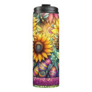 Sunflower bees bloom, Boho Garden Thermal Tumbler