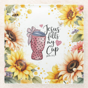 Sunflower & Bees Psalm 23:5 Glass Coaster