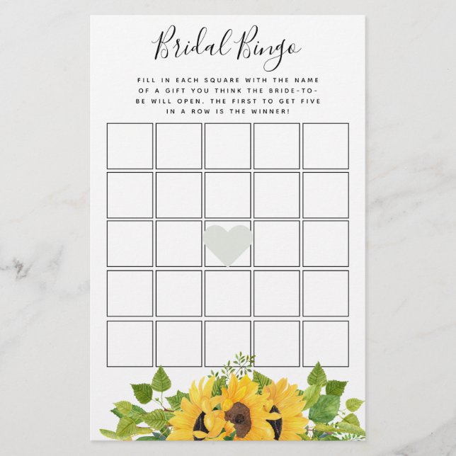 Sunflower Bingo Bridal Shower Game (Front)