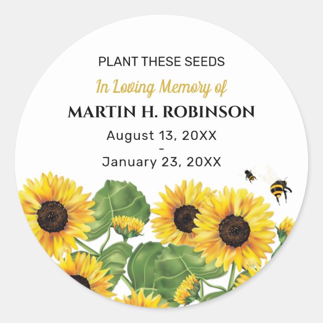 Sunflower Bird Seed Packet Funeral Memorial Classic Round Sticker (Front)
