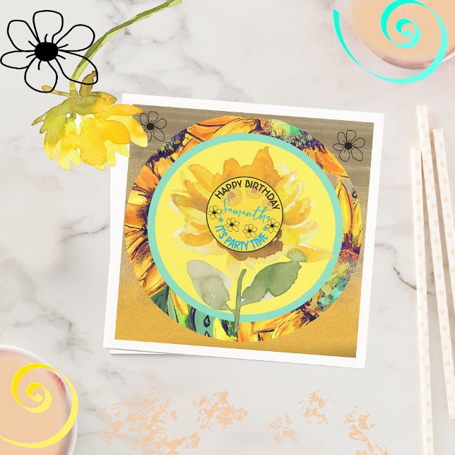 Sunflower  Birthday Girl Yellow Black  Napkin (Sunflower Birthday Girl Yellow Black Napkins)