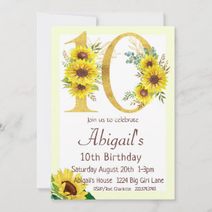 Sunflower Birthday Invitation, 10th Birthday  Invitation