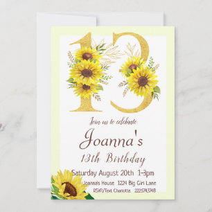 Sunflower Birthday Invitation, 13th Birthday  Invitation