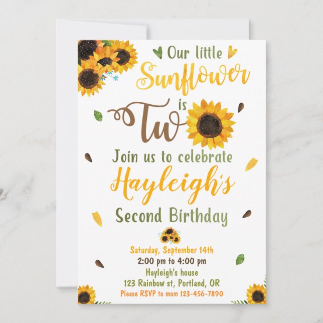 Sunflower birthday invitation 2nd Second birthday (Front)
