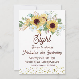 Sunflower Birthday Invitation, 8th Birthday Invitation