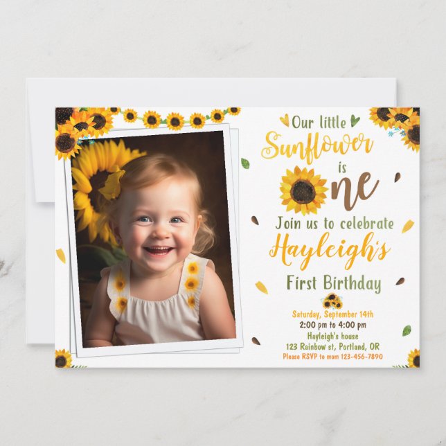 Sunflower birthday invitation Photo First birthday (Front)