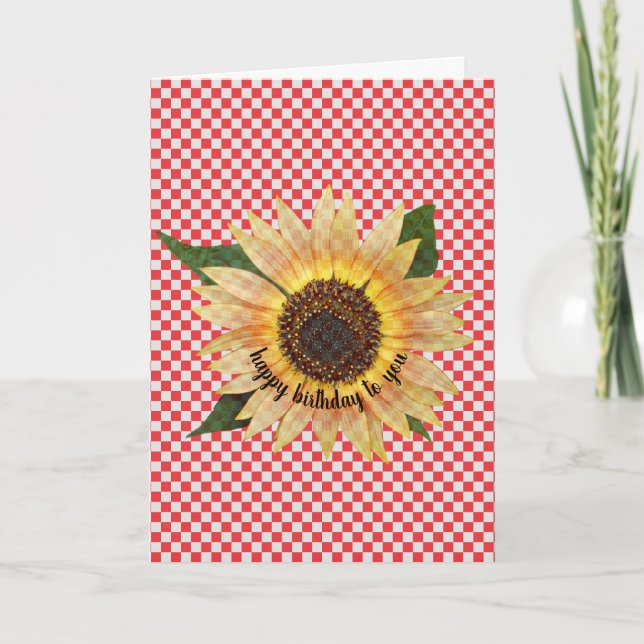 sunflower birthday on red and white gingham card (Front)