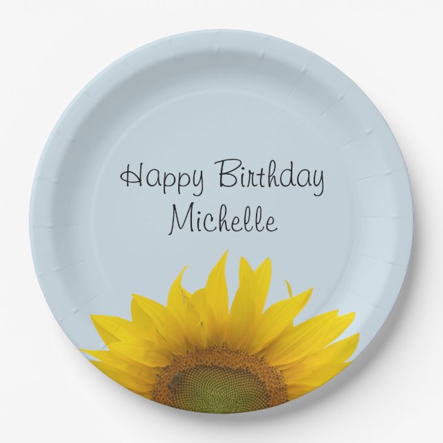 Sunflower Birthday Party Blue Floral Paper Plate (Front)