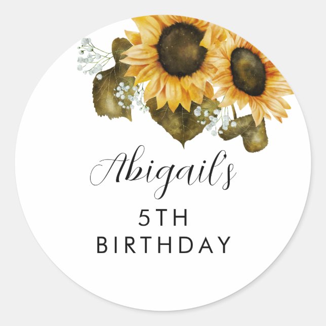 Sunflower Birthday Party Favour  Classic Round Sticker (Front)